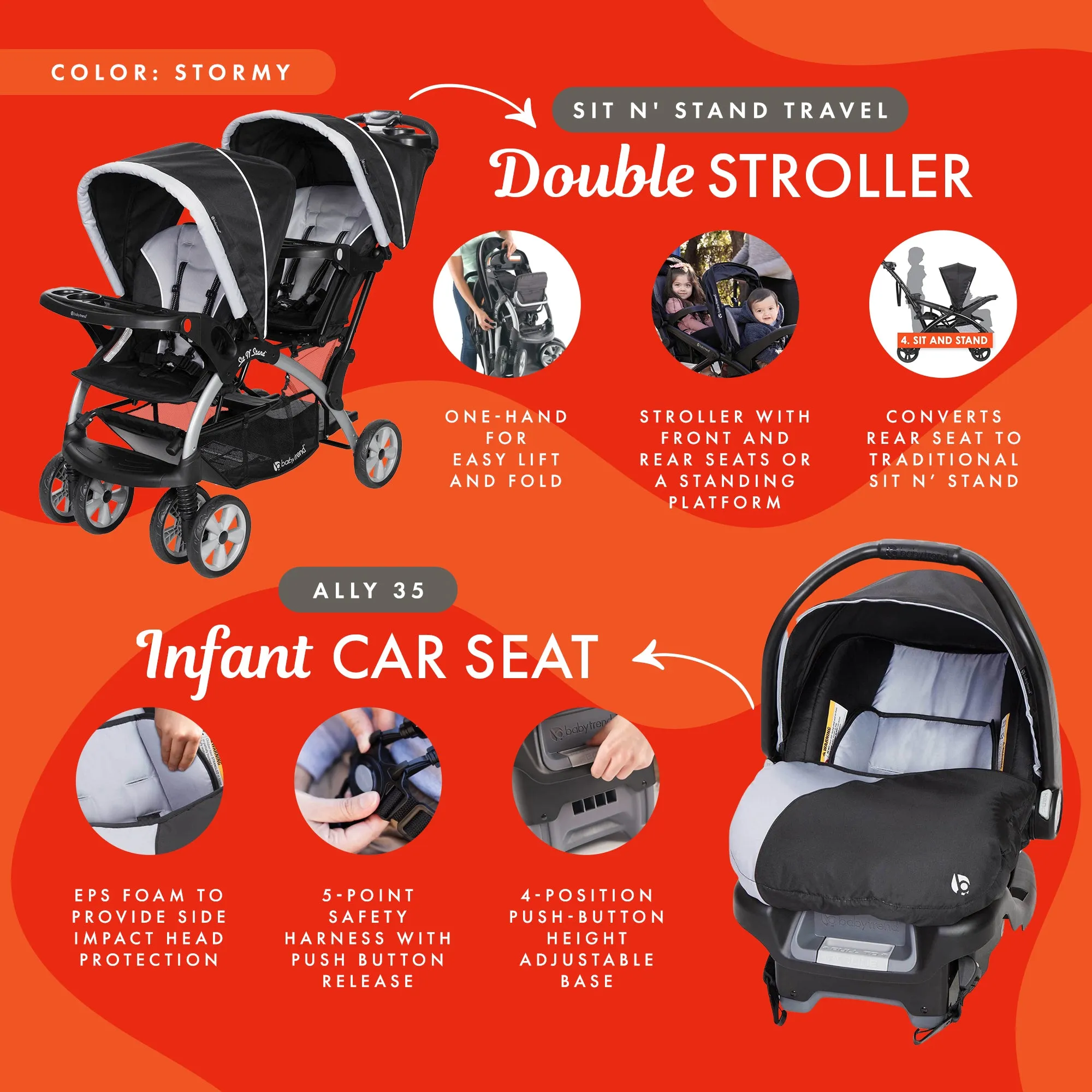 Baby Trend Sit N Stand Travel Double Baby Stroller and Car Seat Combo, Stormy