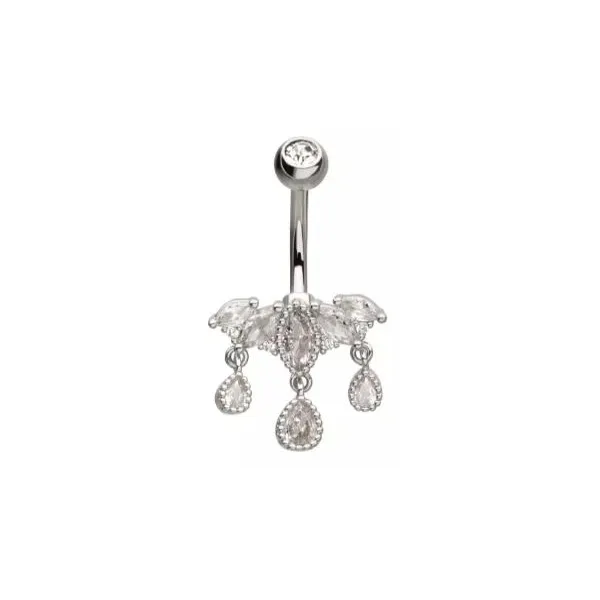 Belly Ring -5-Cluster Pronged Marquise Clear CZ with 3 Dangle Teardrop Pear Shape Gems - Silver