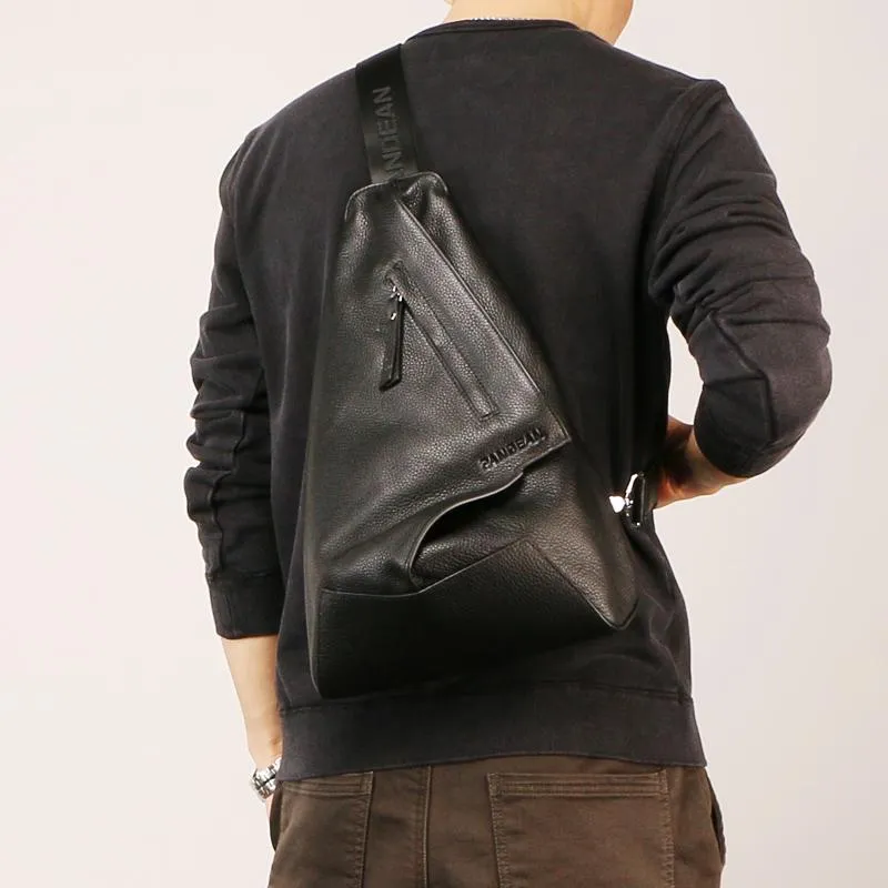 Black Large Leather Mens Sling Bag Sling Chest Bag One Shoulder Backpack for men