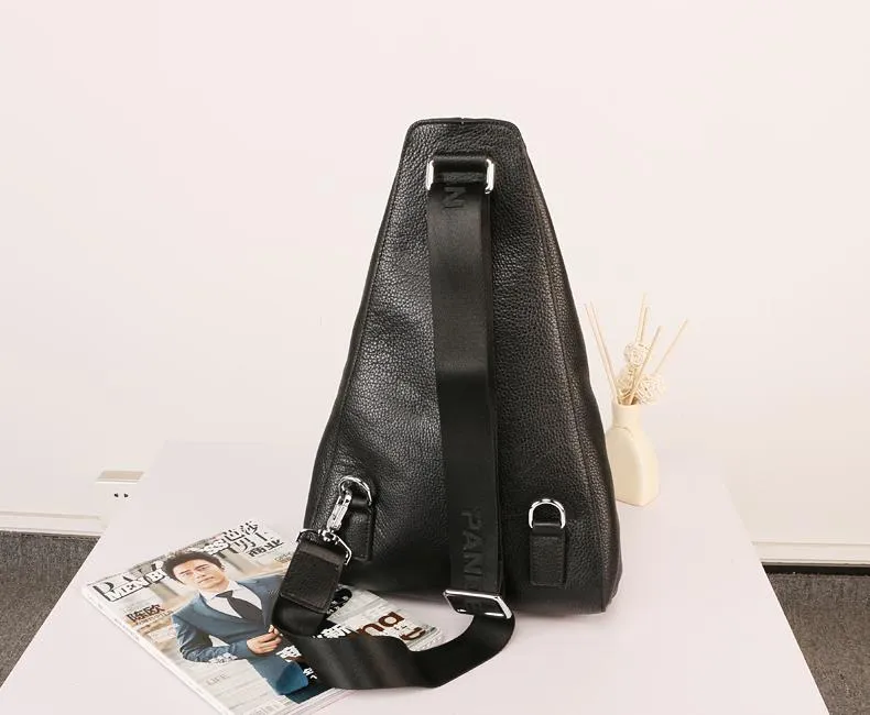 Black Large Leather Mens Sling Bag Sling Chest Bag One Shoulder Backpack for men