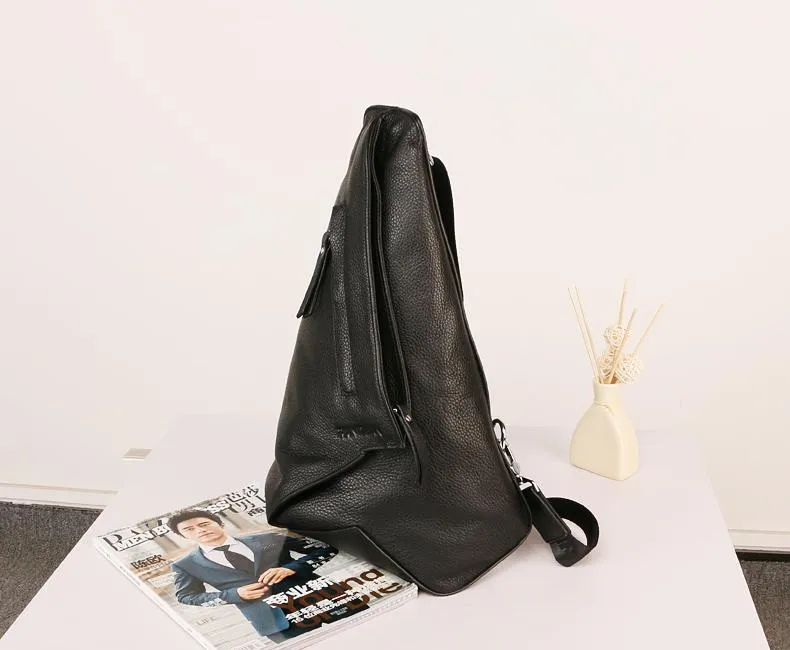 Black Large Leather Mens Sling Bag Sling Chest Bag One Shoulder Backpack for men