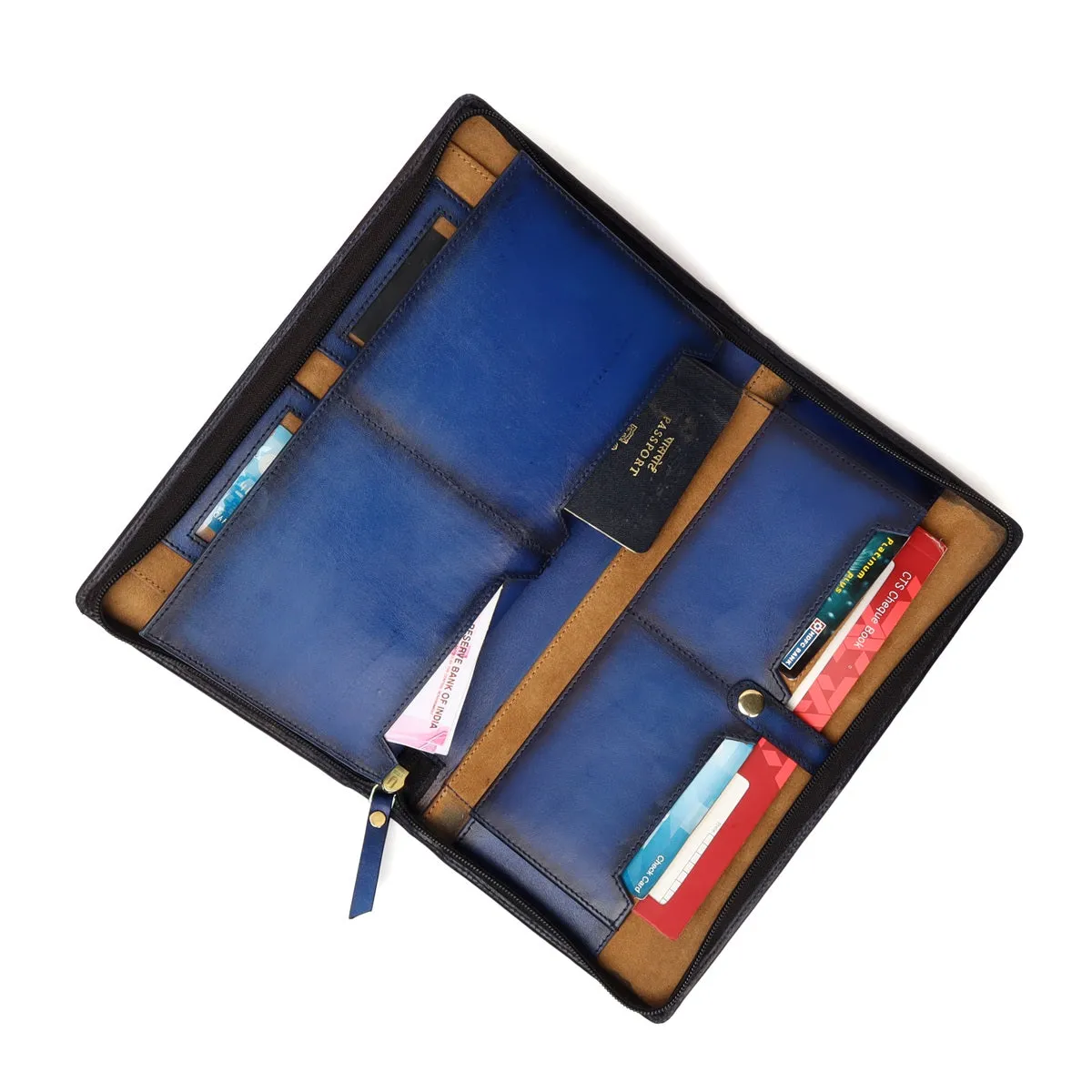 Blue Bi-Fold Multi pockets Document Holder with zip Closure By Brune & Bareskin