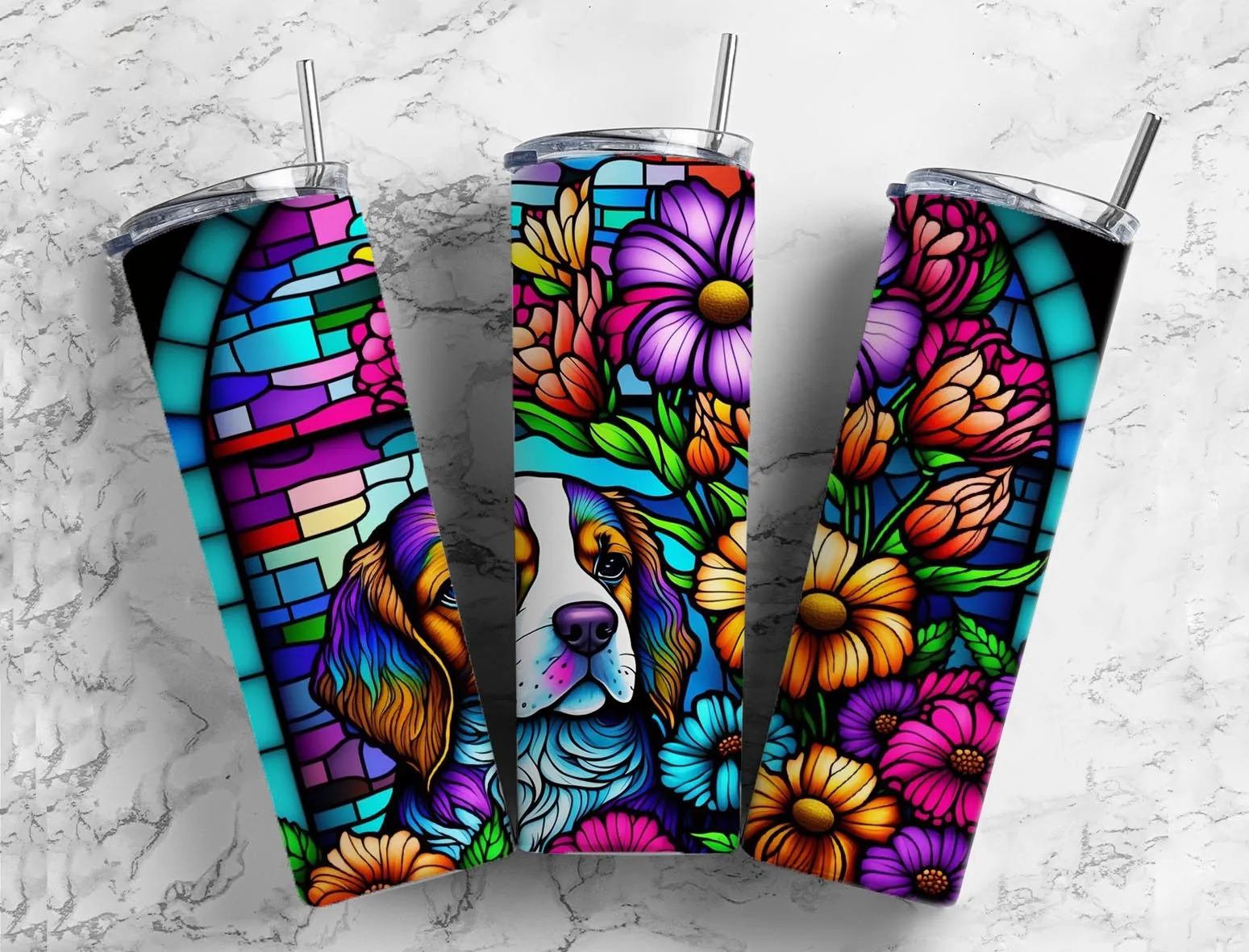 Dog Flowers Stained Glass Effect 20 oz. Skinny Tumbler Sublimated SG22