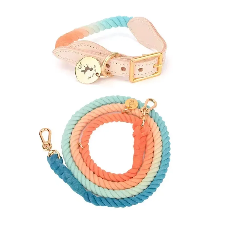 Hands Free Rope Leash and Luxe Royal Leather Collar Bundle - Sunset