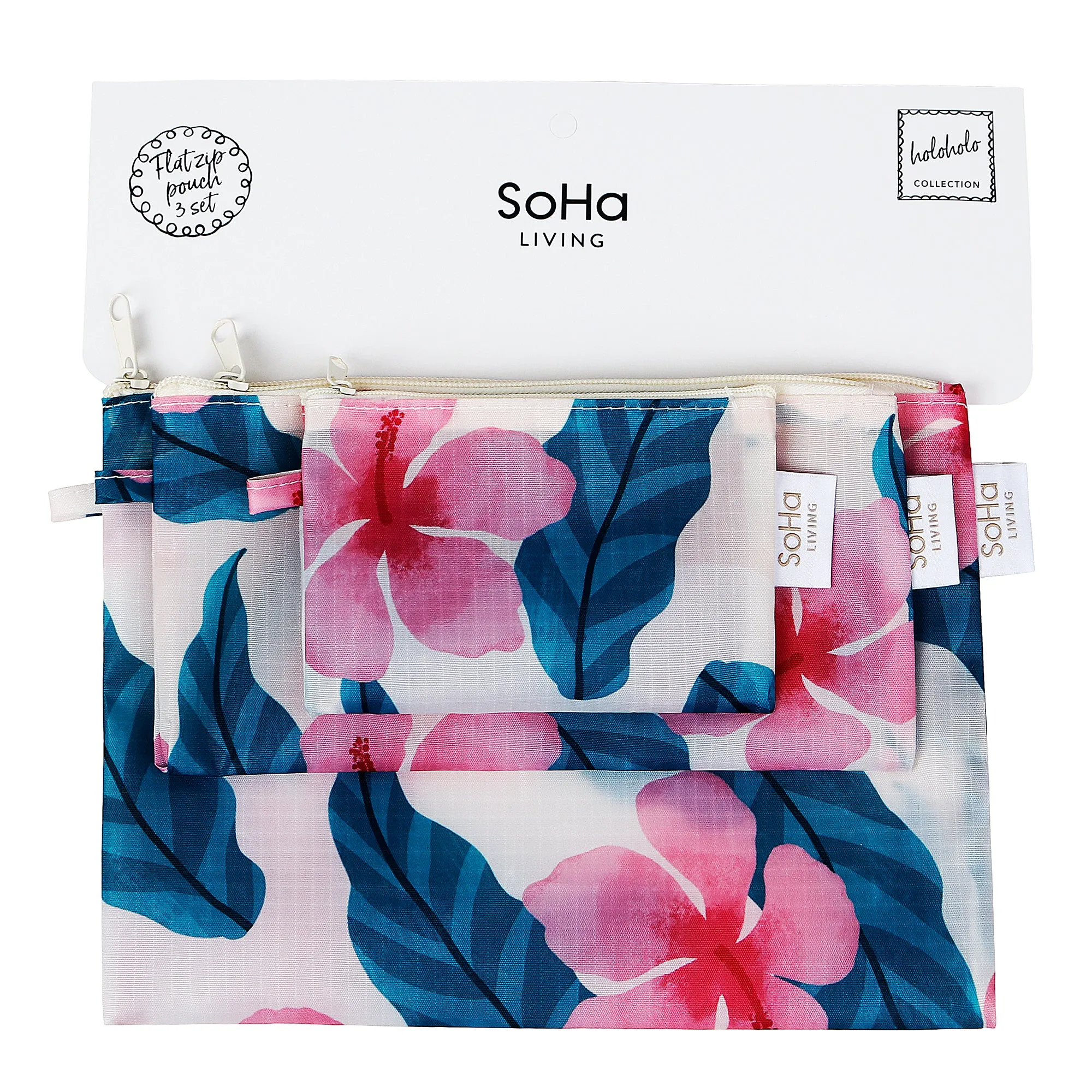 Hibiscus Flower Flat Pouch, Set of 3