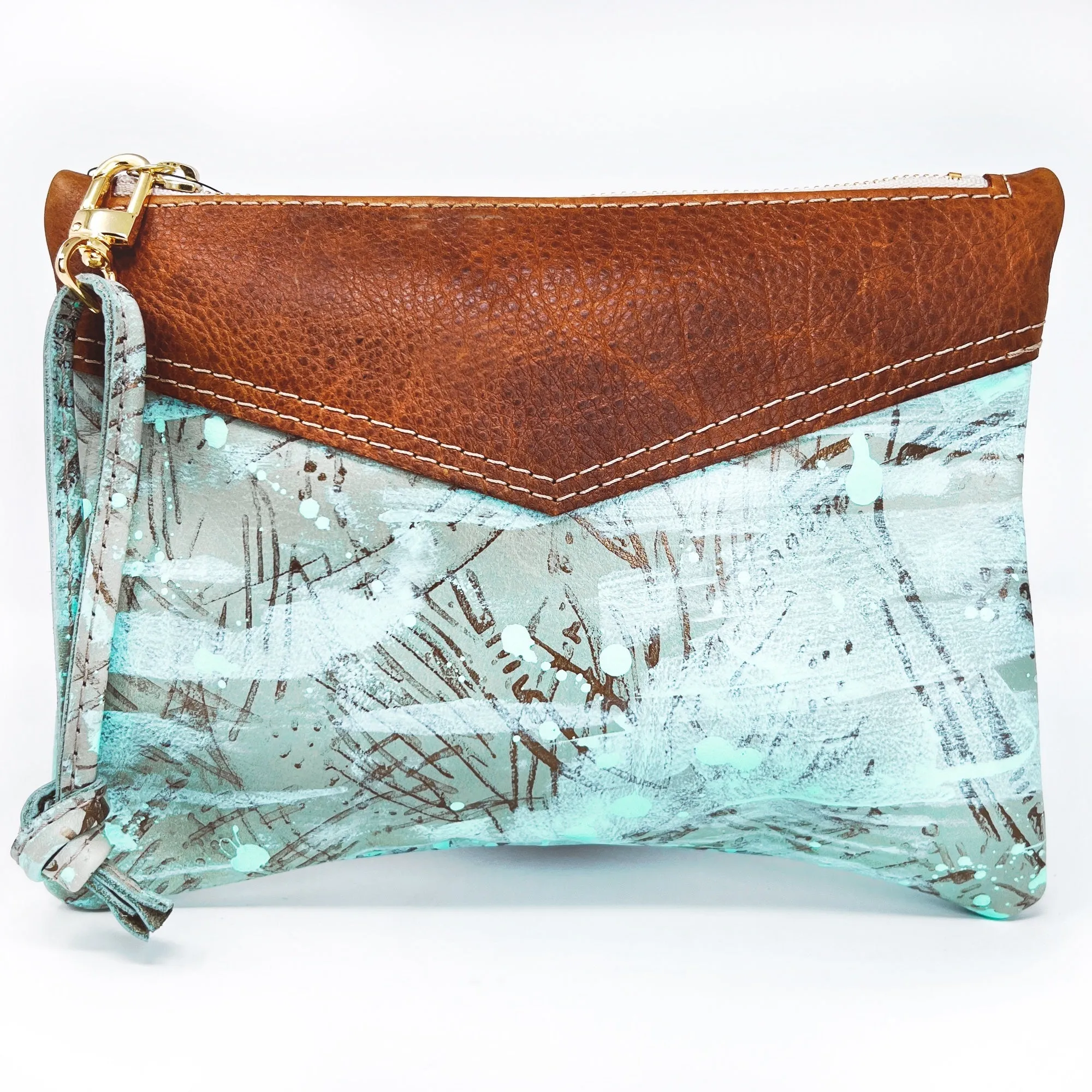 Large Leather Wristlet  Handbag For Women - Two Tone Brown Leather & Hand Painted Mint Accents