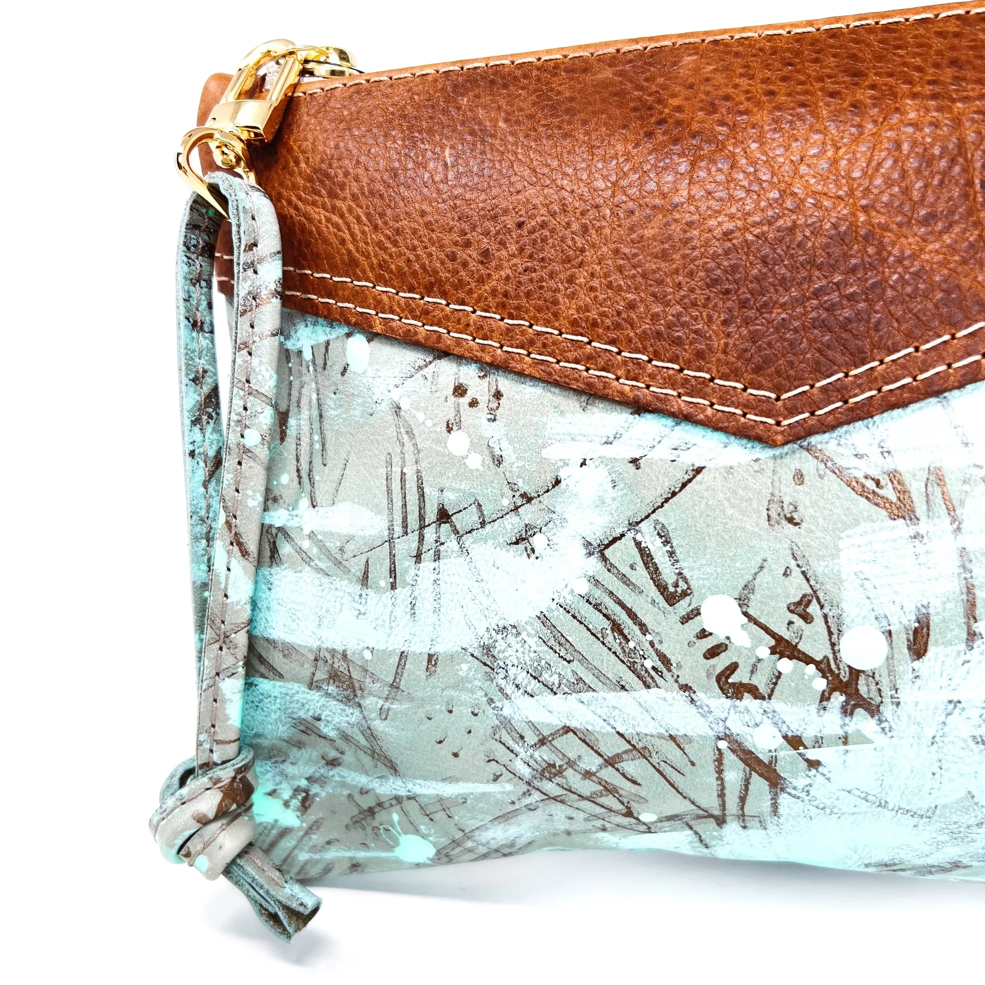 Large Leather Wristlet  Handbag For Women - Two Tone Brown Leather & Hand Painted Mint Accents