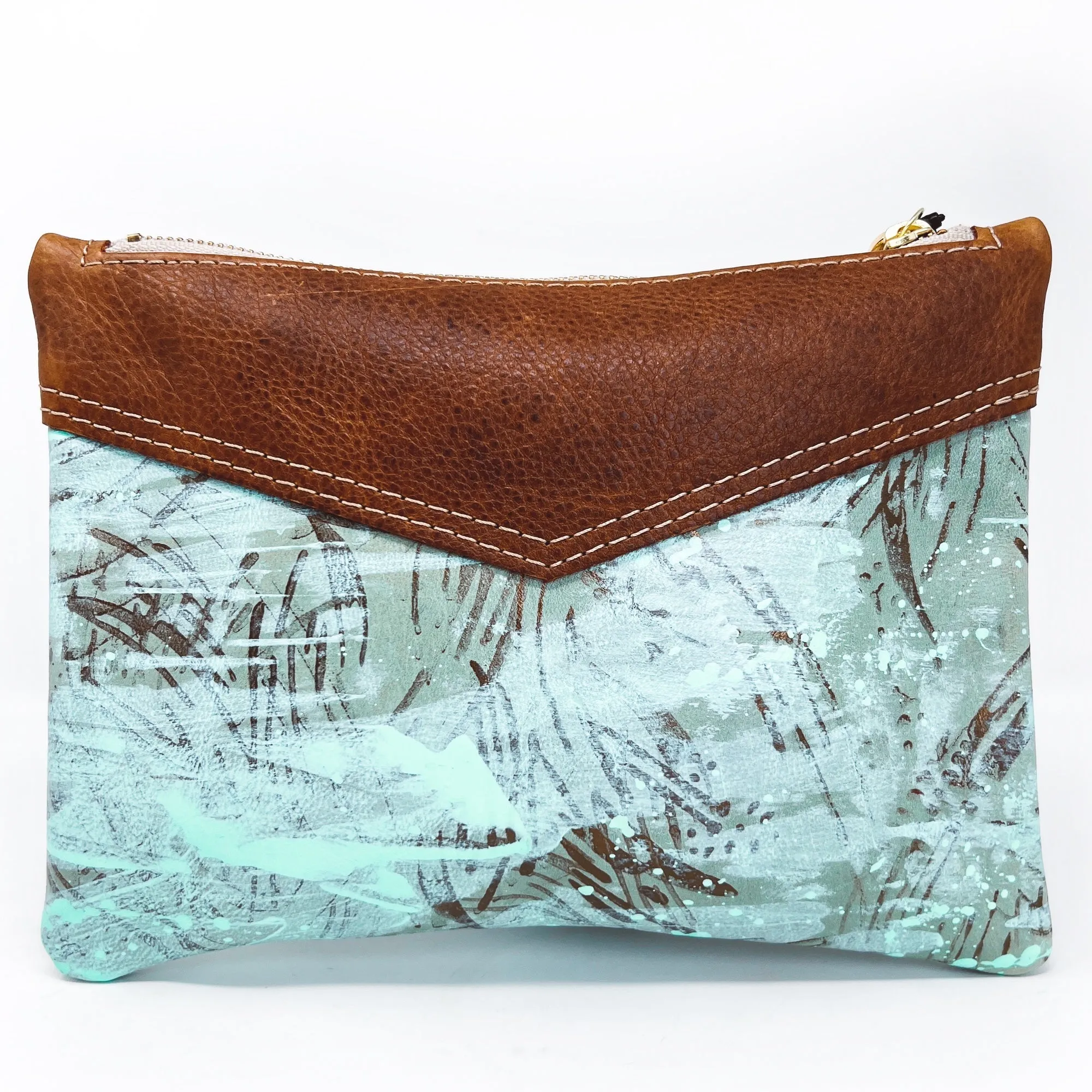 Large Leather Wristlet  Handbag For Women - Two Tone Brown Leather & Hand Painted Mint Accents