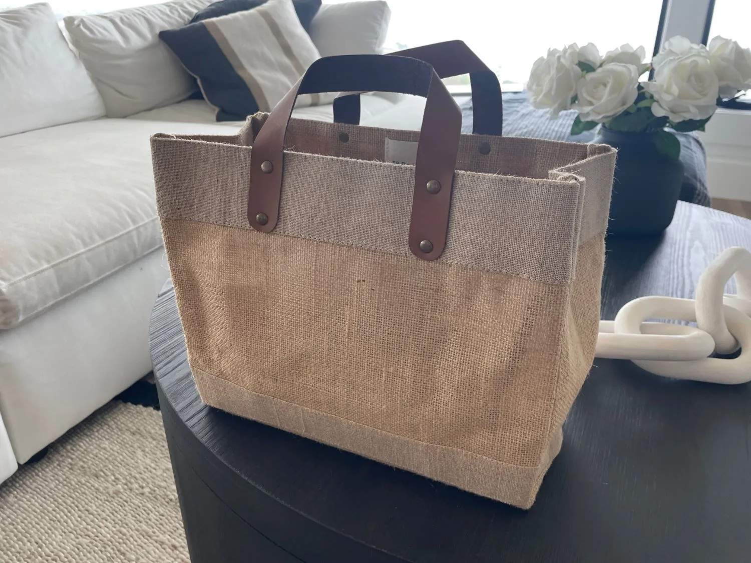 Small Burlap Tote Bags  (12.5" x 5.5" x 9.5") - Leather Handles & Inner Pocket - 100% Natural Jute