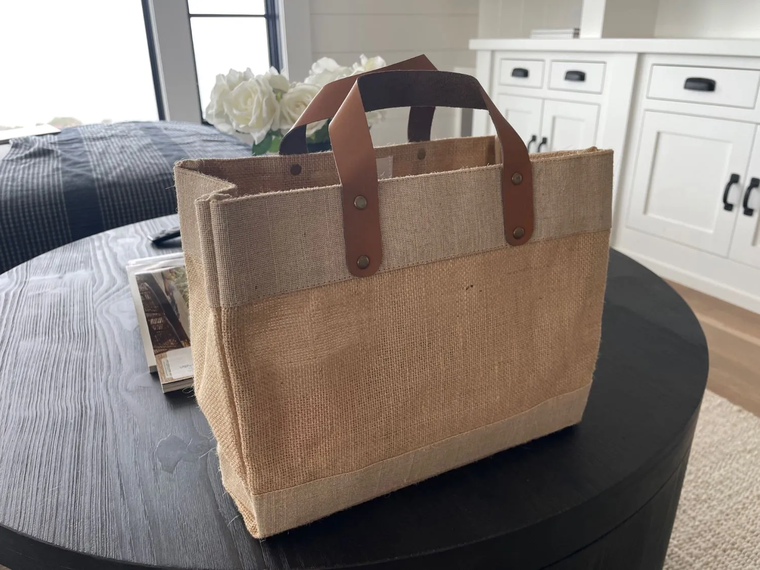 Small Burlap Tote Bags  (12.5" x 5.5" x 9.5") - Leather Handles & Inner Pocket - 100% Natural Jute