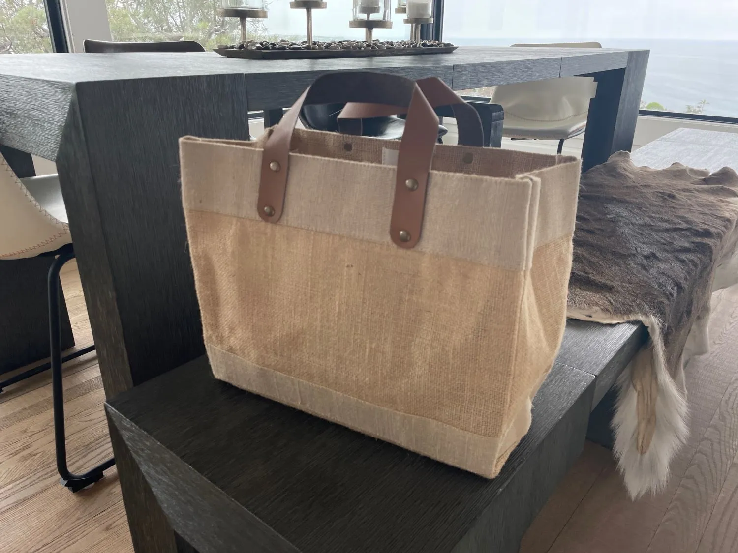 Small Burlap Tote Bags  (12.5" x 5.5" x 9.5") - Leather Handles & Inner Pocket - 100% Natural Jute