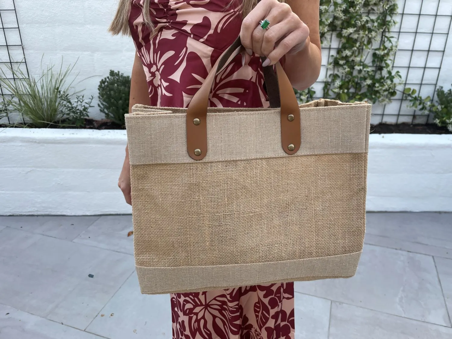 Small Burlap Tote Bags  (12.5" x 5.5" x 9.5") - Leather Handles & Inner Pocket - 100% Natural Jute