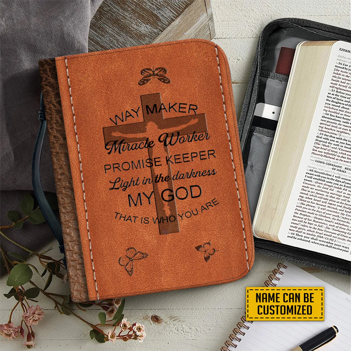 Teesdily | Jesus Crucifixion Personalized Leather Bible Cover, Way Maker Miracle Worker Bible Bags, Christian Gifts For Women Faith, Mom Gifts