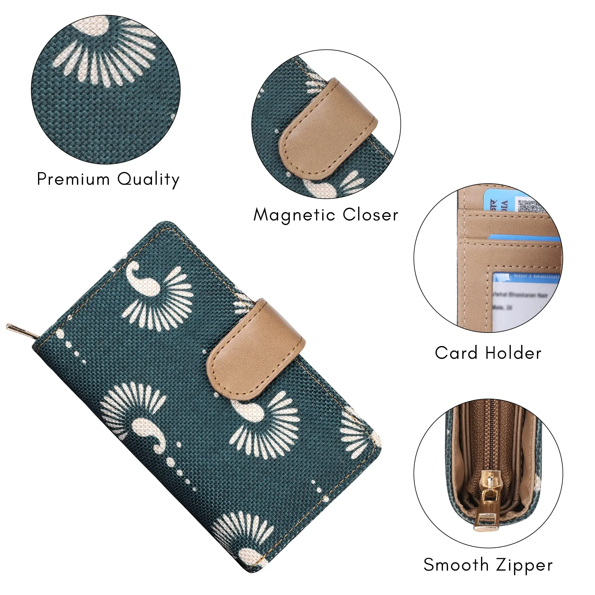 THE CLOWNFISH Fab Series Printed Handicraft Fabric & Vegan Leather Ladies Wallet Clutch Purse for Women Girls with Multiple Compartments (Bottle Green)