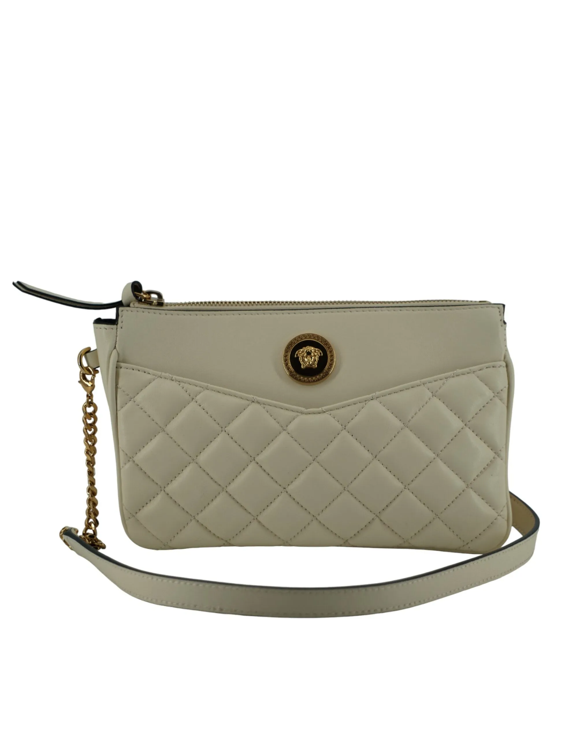 Versace Elegant White Lamb Leather Crossbody Pouch